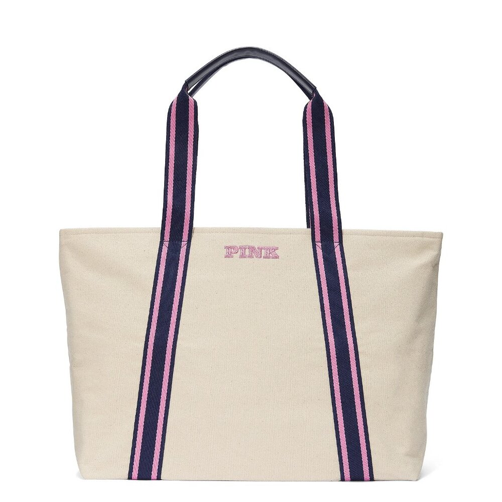 Victoria's Secret Cream Signature Canvas Tote Purple & Pink Details NWT